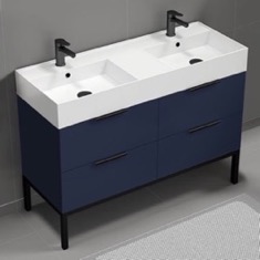 Modern Double Bathroom Vanity, Blue, 48 inch, Free Standing